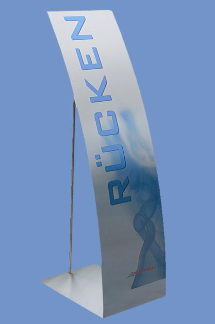 individueller Bodenaufsteller aus Edelstahl mit Folienbeschriftung