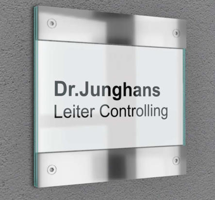 Glasschild zur flexiblen Papierbeschriftung mit Edelstahlblende