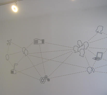 Wandillustration aus freistehenden geplotteten Symbolen und Linien